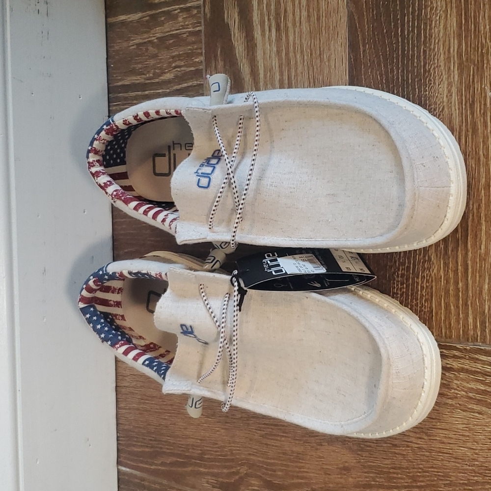 Hey Dude, size 12, off white patriotic